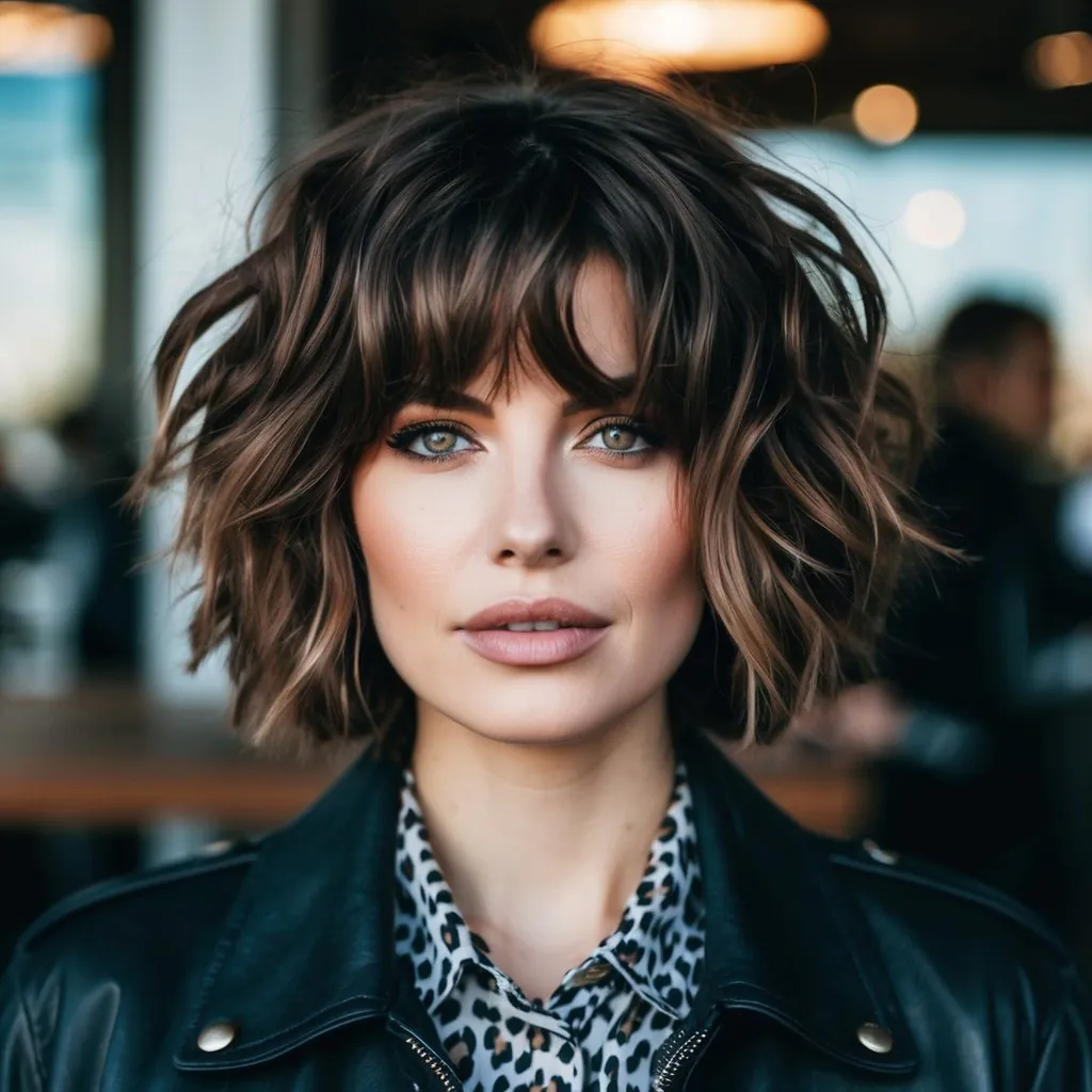 A woman with thick, frizzy hair in a trendy 90s grunge haircut style