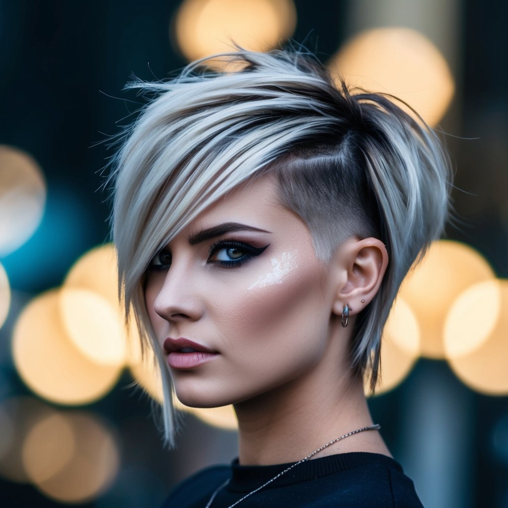 A woman with an edgy layered cut and side part, exuding 90s grunge vibes with her trendy haircut