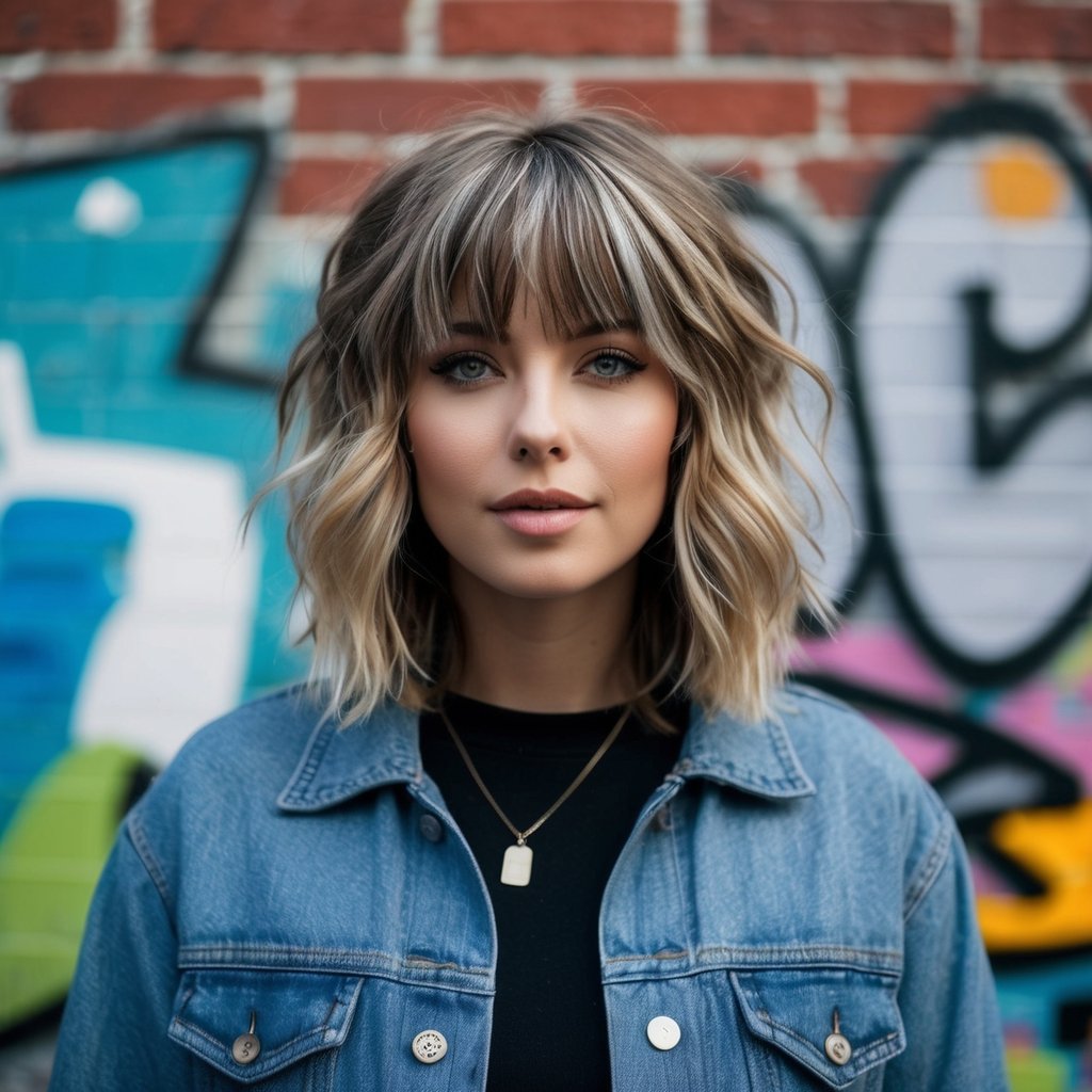 A woman with wavy hair and shaggy bangs, exuding a 90s grunge vibe, stands in front of a graffiti-covered brick wall