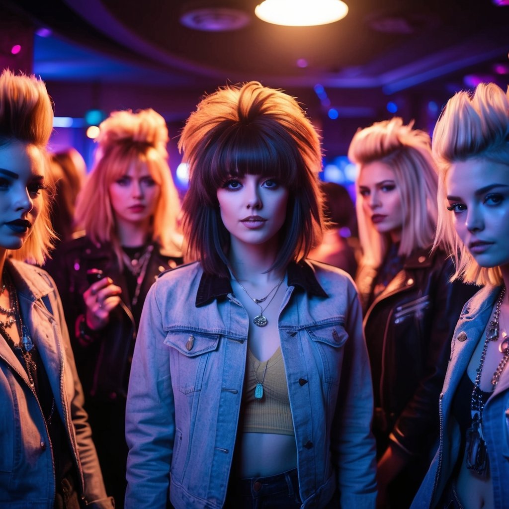 A woman with a high-volume shag haircut stands in a dimly lit grunge club, surrounded by other stylishly disheveled women with similar 90s-inspired haircuts