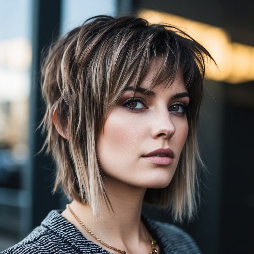 A woman with an unkempt lob haircut, featuring textured layers, exudes a trendy 90s grunge vibe