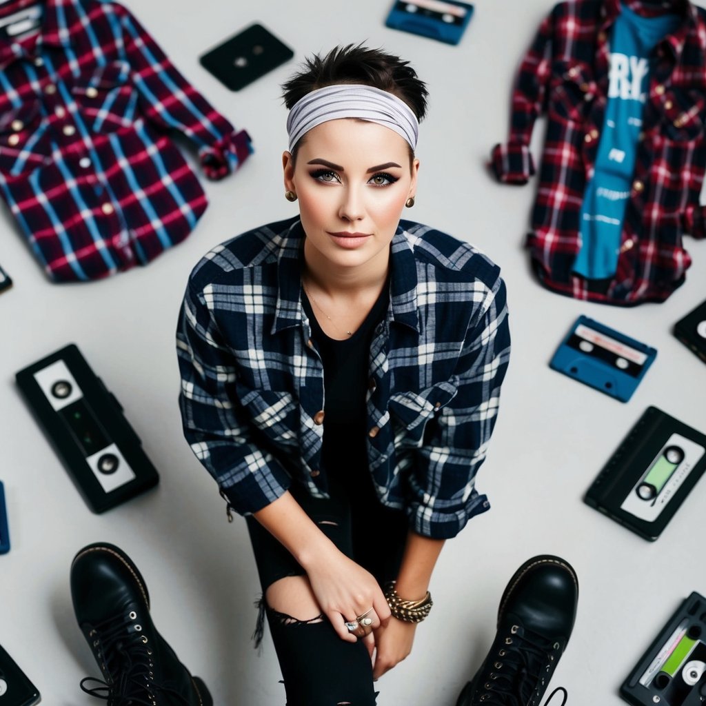 A woman with a buzz cut wearing a headband, surrounded by 90s grunge elements like flannel shirts, combat boots, and cassette tapes