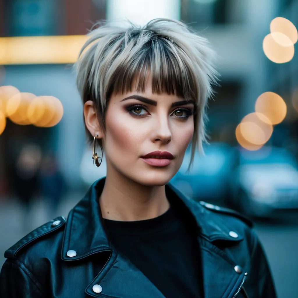 A woman with razor-cut layers and fringe, sporting a trendy 90s grunge haircut, exudes confidence and edginess
