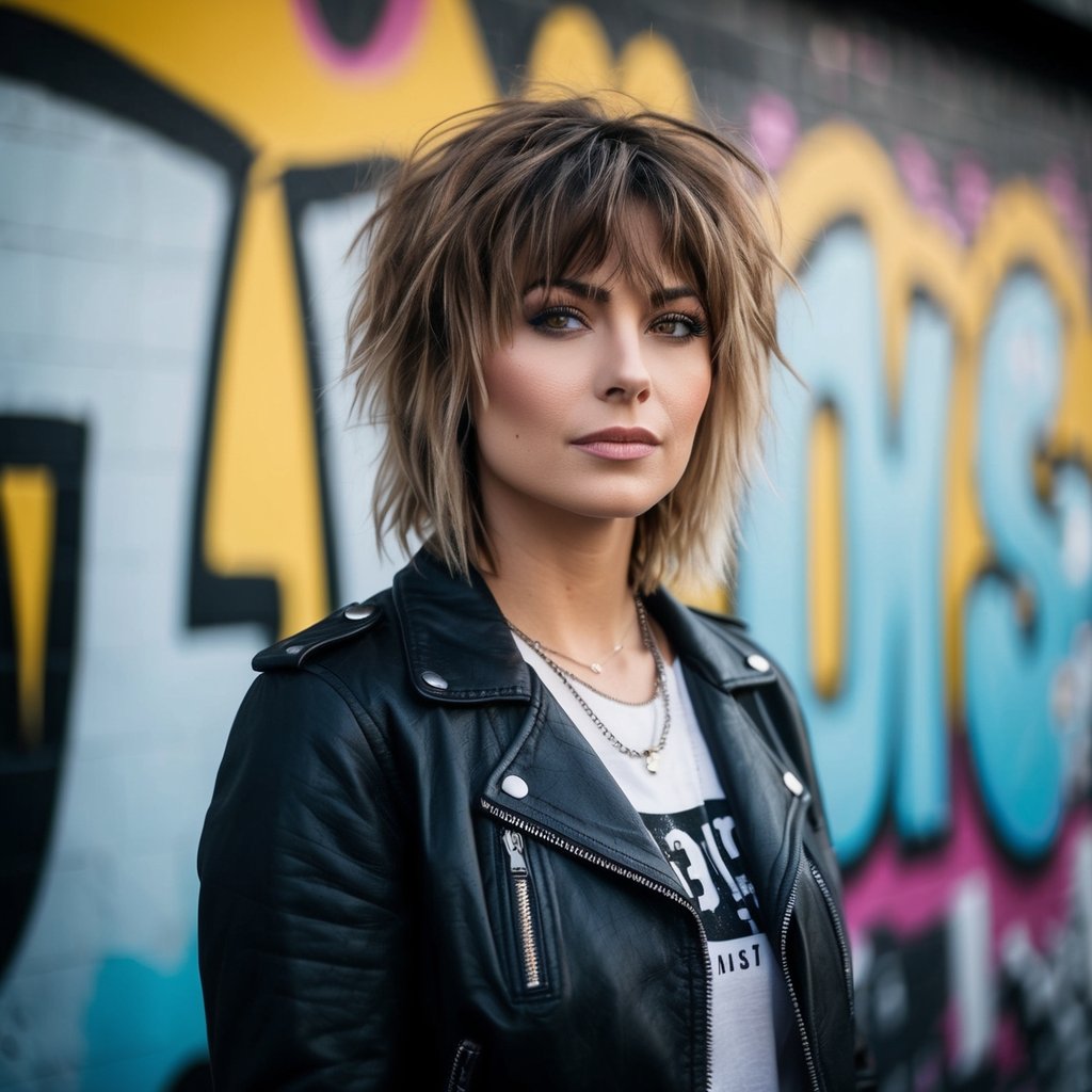 A woman with disheveled medium-length hair, styled in a trendy 90s grunge haircut, standing in front of a graffiti-covered wall