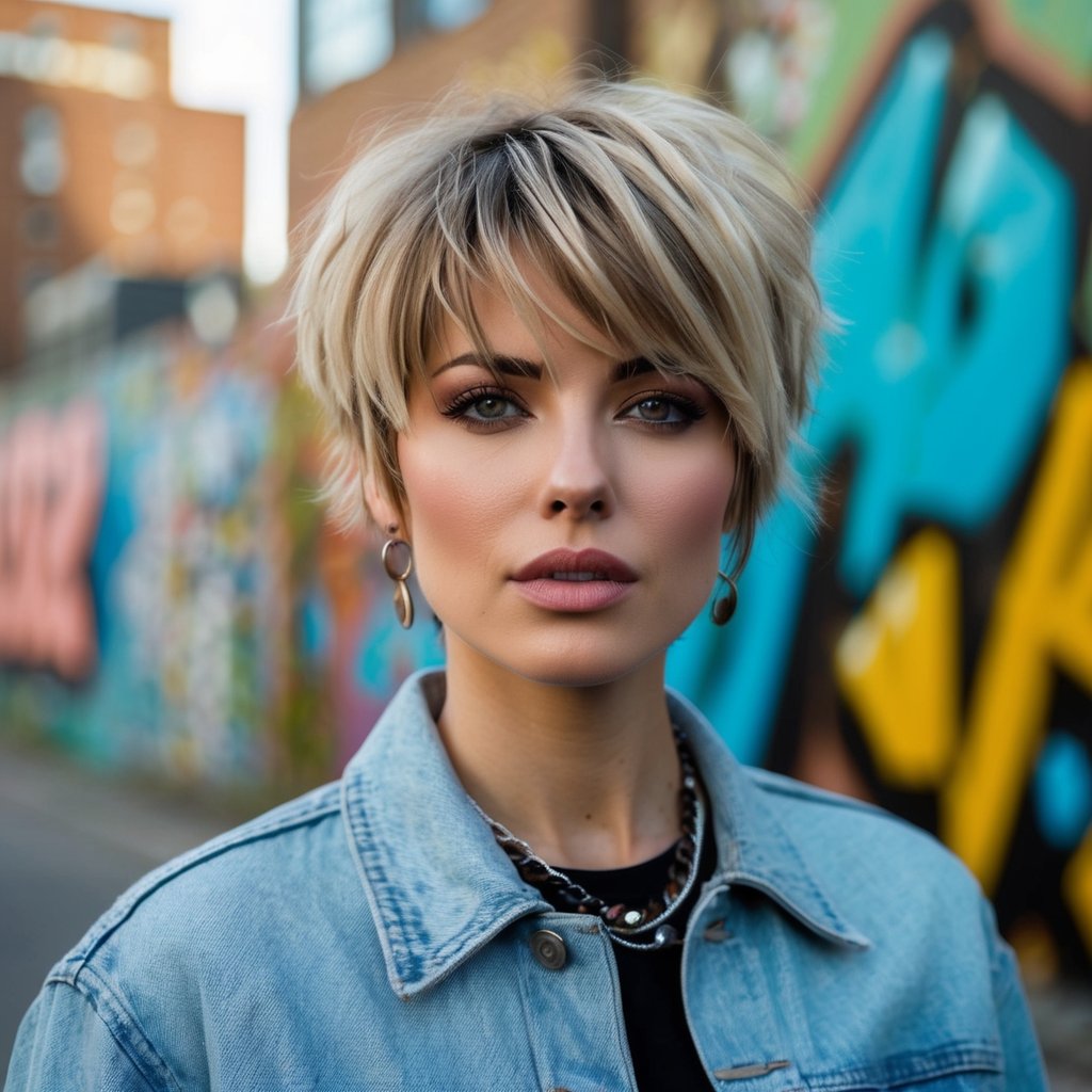 A woman with frayed, face-framing layers in a 90s grunge haircut, with a backdrop of urban street art and graffiti