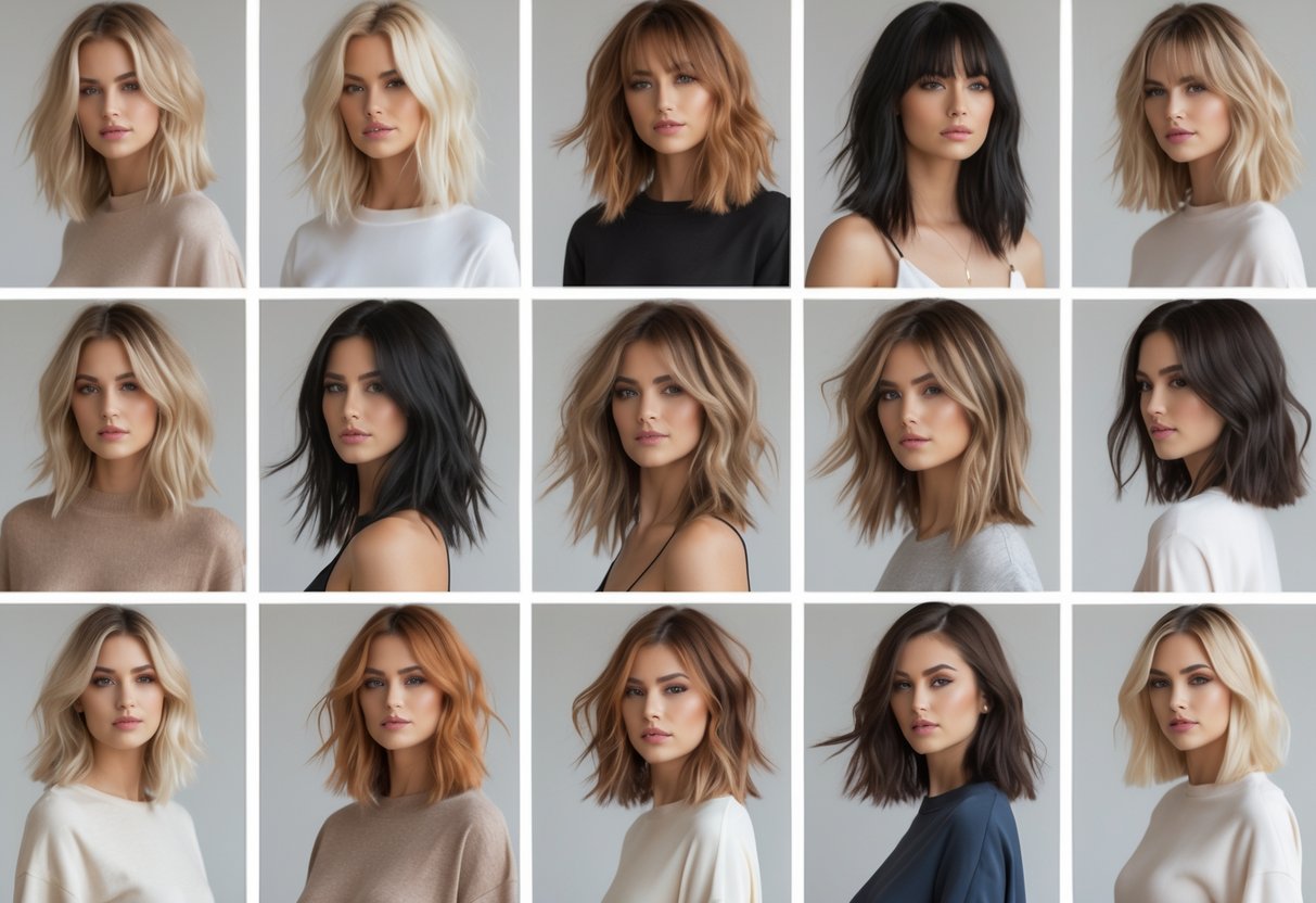 A group of women with various long shaggy haircuts posing together in a studio.
