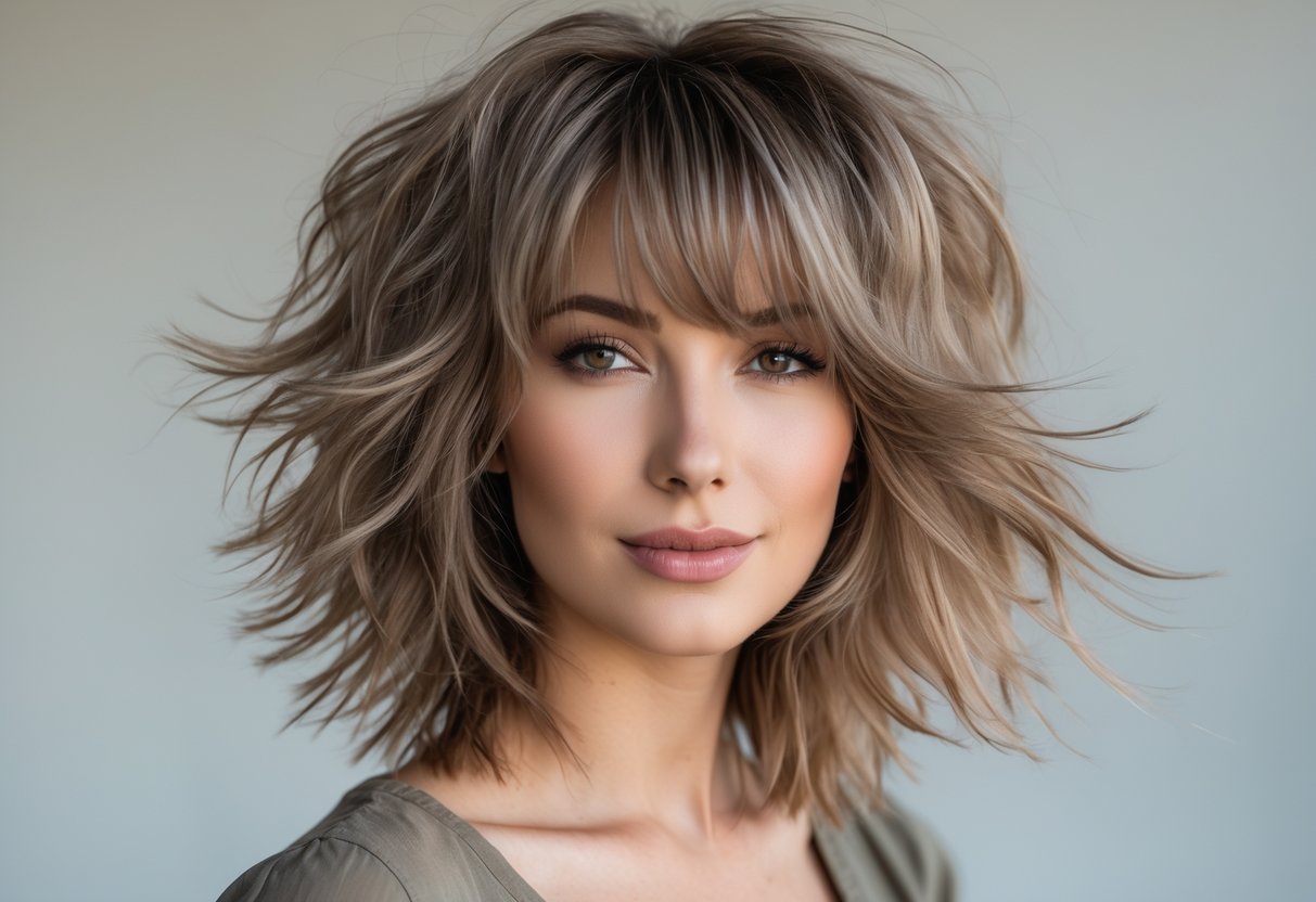Portrait of a woman with long layered hair framing her face, looking confidently at the camera.
