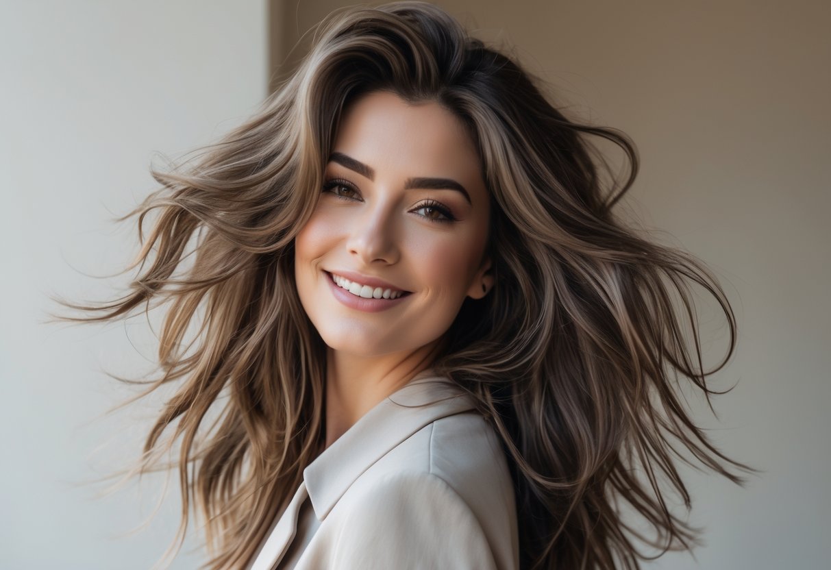 A woman with long layered hair smiling gently against a plain background.