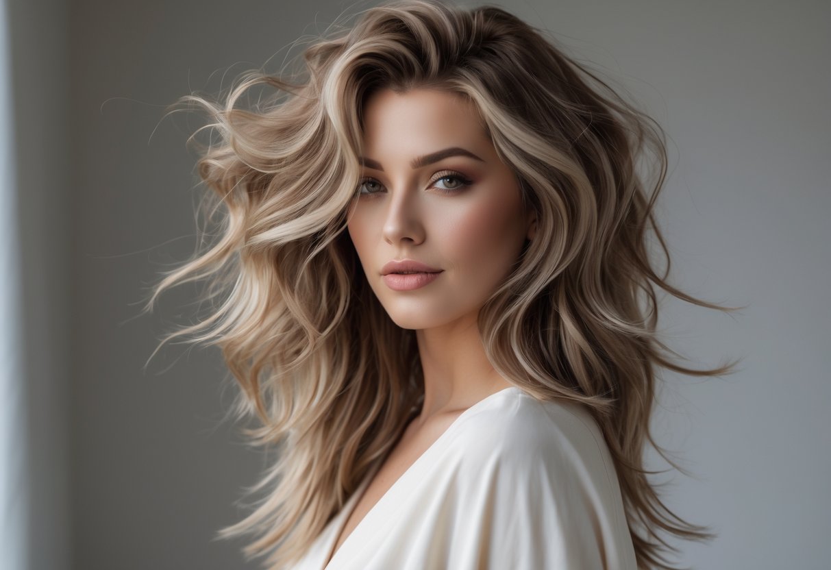 A woman with long, wavy layered hair posing in a studio setting.