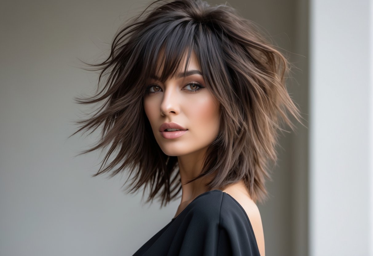 A woman with long textured hair styled in layered, tousled waves, posing against a plain background.