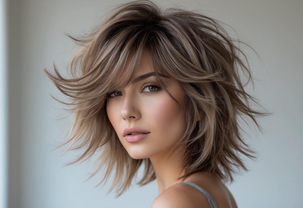 A woman with long shaggy hair and asymmetrical bangs looking slightly to the side against a plain background.