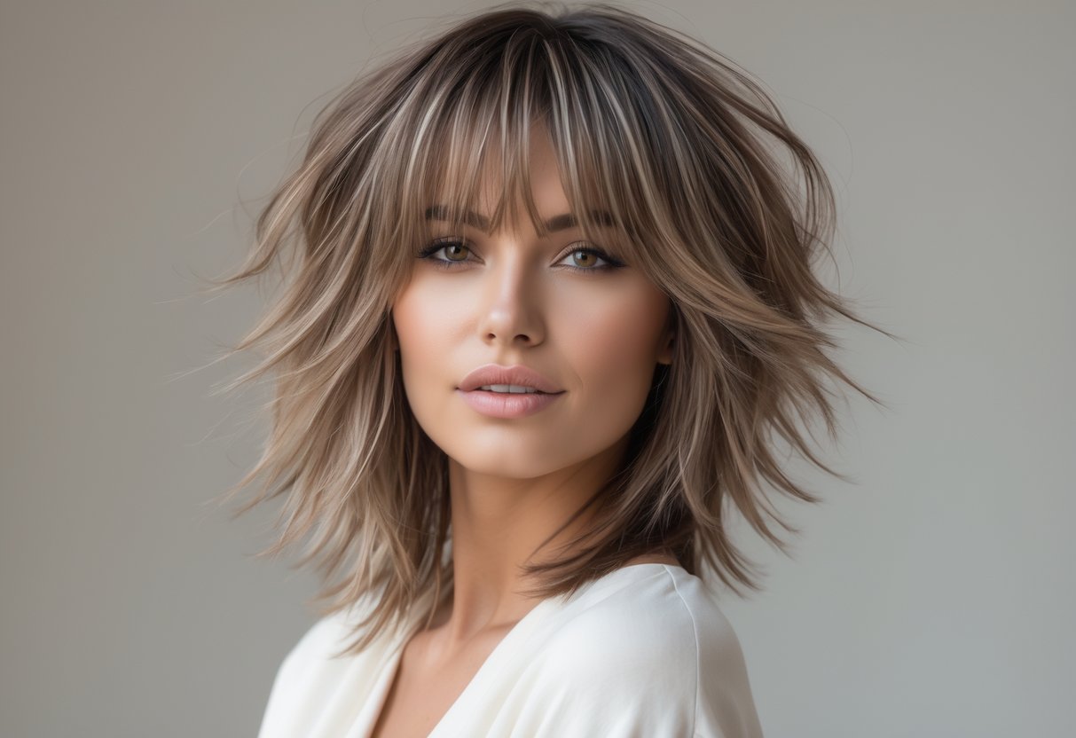 A woman with long layered hair featuring lighter highlights, posing against a plain background.