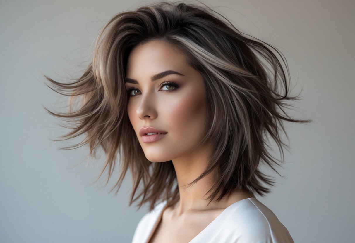 Portrait of a woman with long layered shaggy hair looking confidently at the camera.