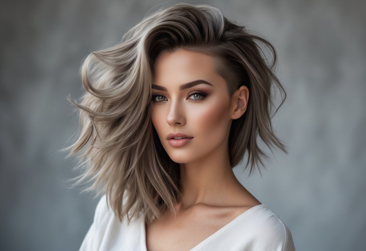 A woman with long shaggy hair and a shaved undercut on one side, standing against a plain background.