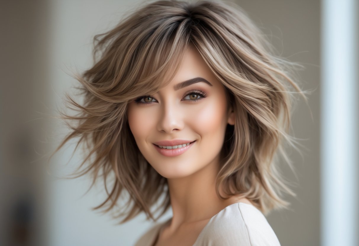 A woman with long layered hair and side-swept bangs smiling against a neutral background.