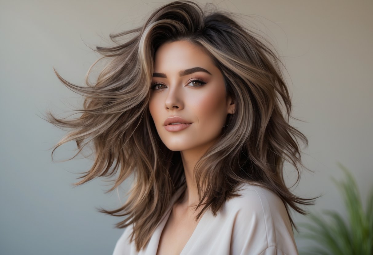 A woman with long, layered shaggy hair posing in a studio with a neutral background.