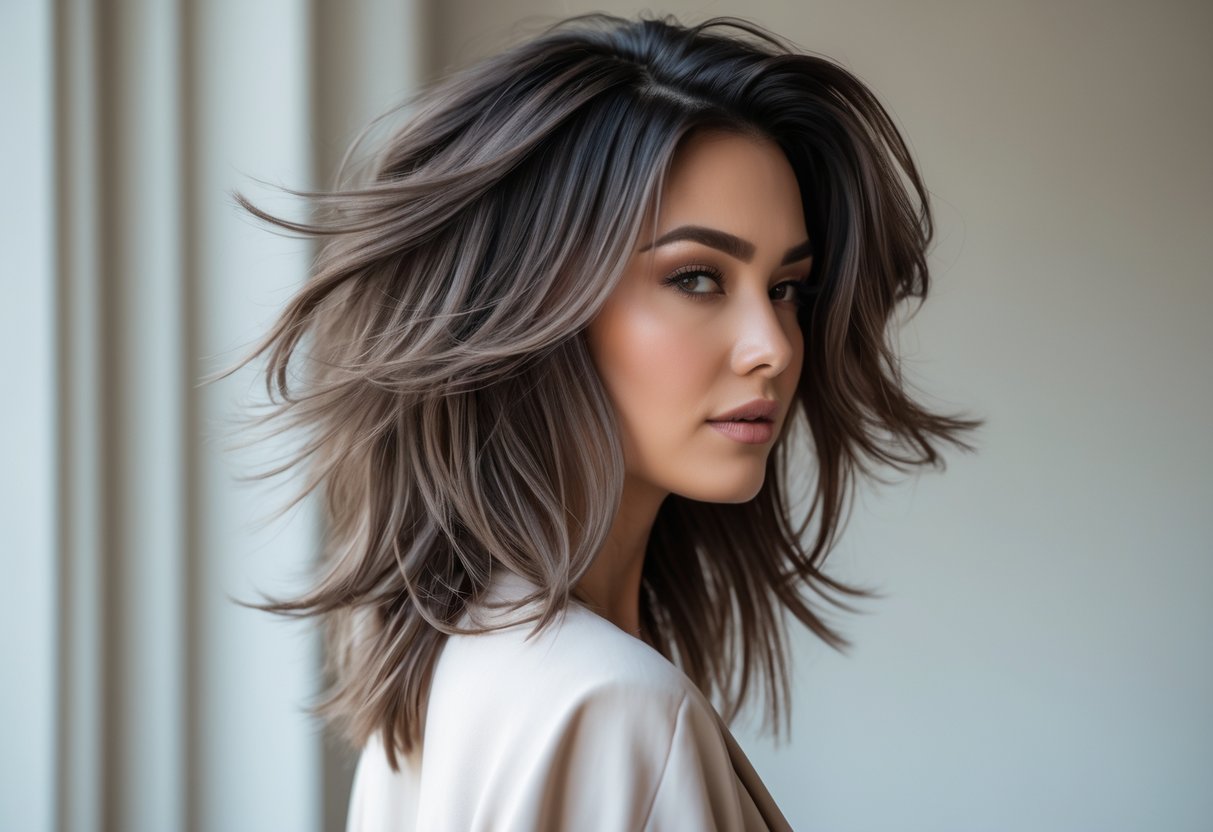 A woman with long, layered shaggy hair parted deeply to one side, looking confidently at the camera against a plain background.