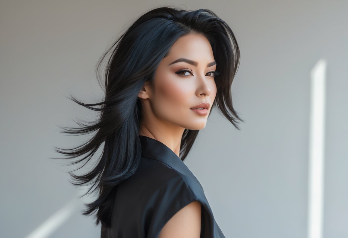 A woman with long, textured hair posing against a plain background.