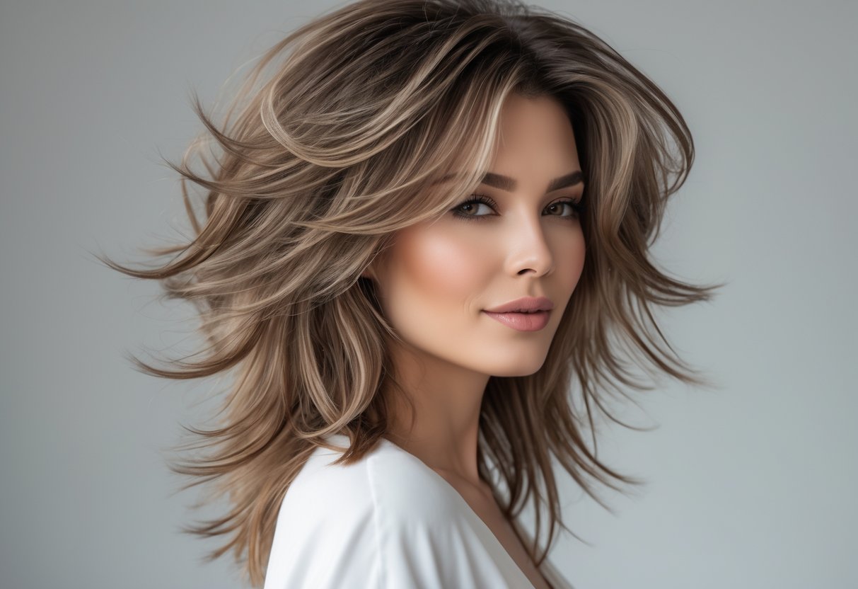 A woman with long, layered hair posing in a studio with a neutral background.