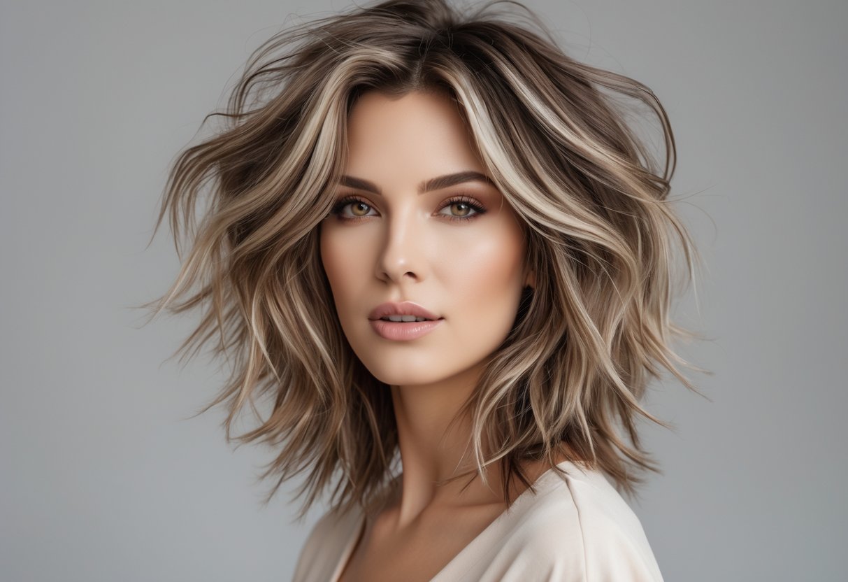 A woman with long layered hair and face-framing highlights looking confidently at the camera in a studio setting.