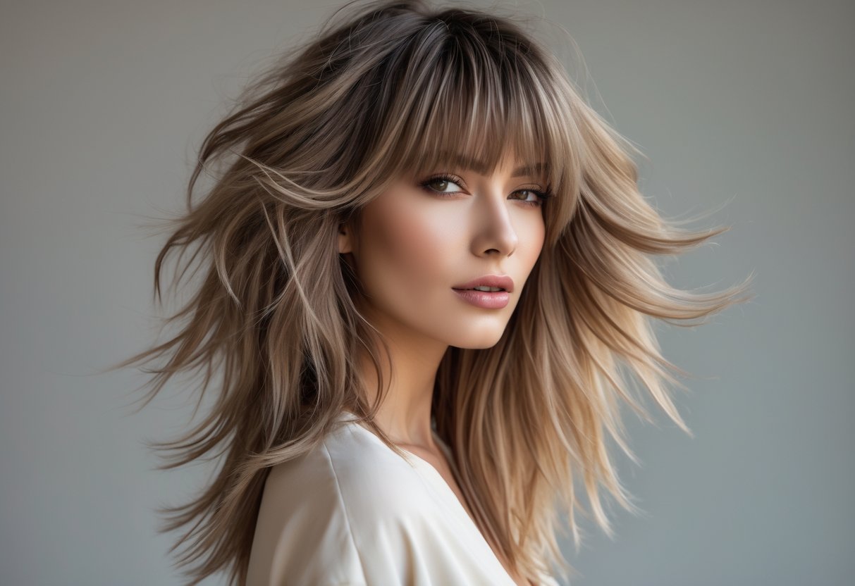 A woman with long, layered shaggy hair and feathered bangs looking confidently at the camera against a plain background.