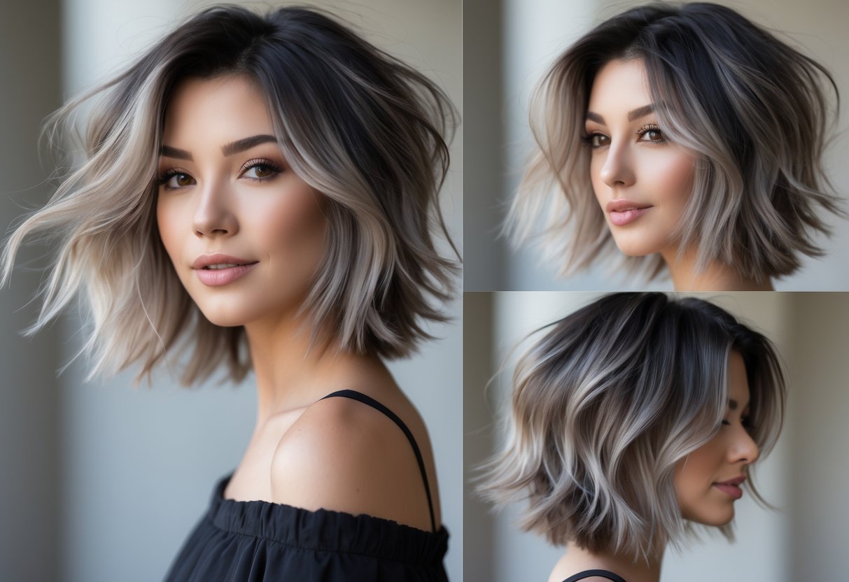 A woman with long shaggy hair showing a soft ombre color in a studio setting.