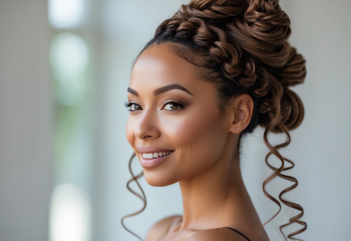 A woman with twisted Bantu knots on the top of her head and loose curls falling around her shoulders, smiling softly.