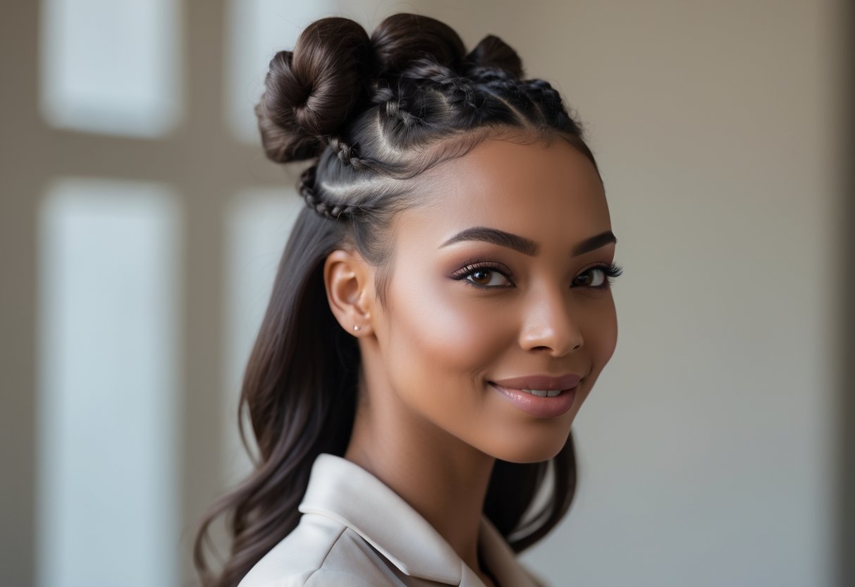 A young woman with half-up Bantu knots and side-swept bangs smiling gently against a blurred neutral background.