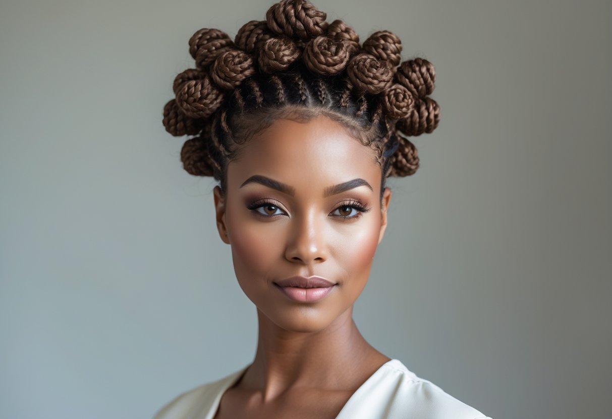 A woman with a high half-up hairstyle featuring multiple small twisted knots, looking confidently at the camera against a plain background.