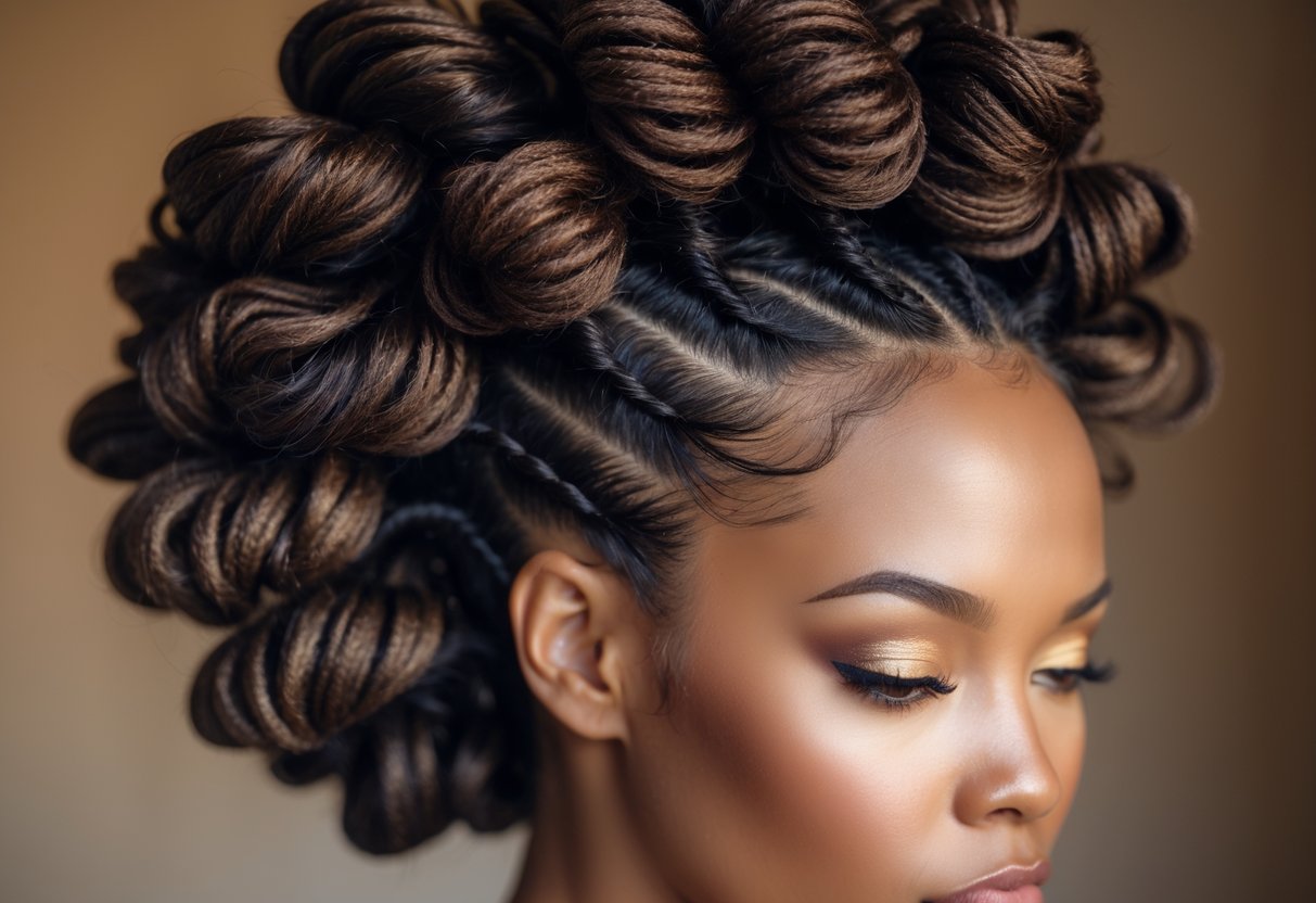 Close-up of a woman with half-up Bantu knots hairstyle and defined edges, smiling softly against a blurred background.