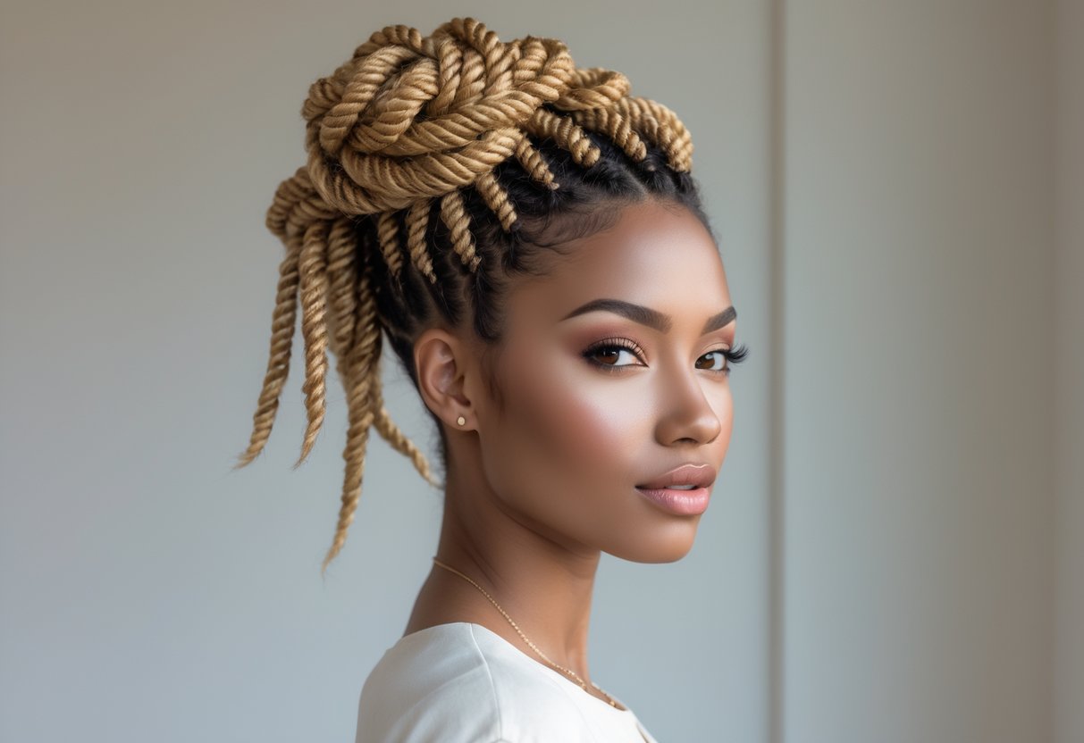 A young woman with a half-up hairstyle made of twisted knots and blonde highlights, smiling against a plain background.