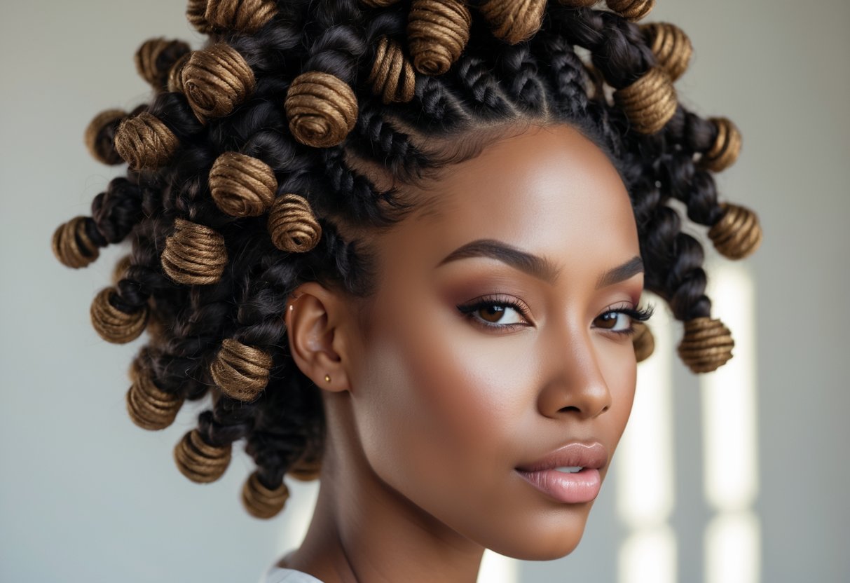 Close-up of a woman with a half-up hairstyle featuring multiple small twisted knots and natural afro-textured curls at the ends.
