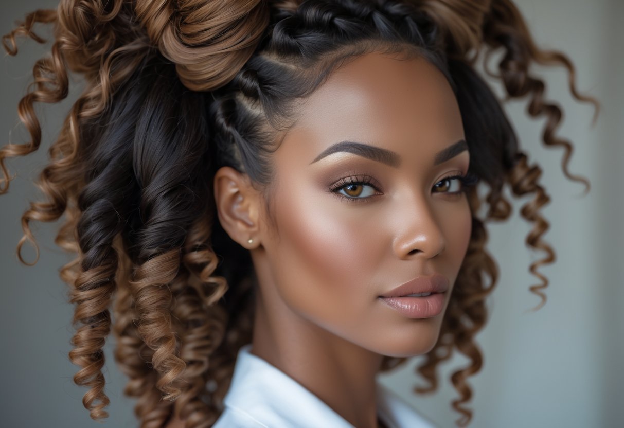 Close-up of a woman with Bantu knots half-up hairstyle and curly hair ends, looking confidently at the camera.
