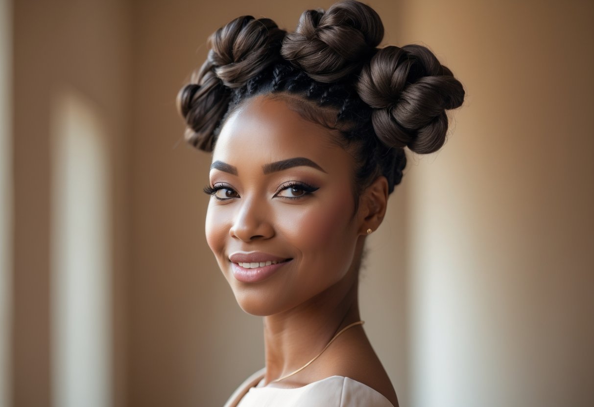 A Black woman smiling with her hair styled in Bantu knot puffs arranged in a half-up hairstyle.