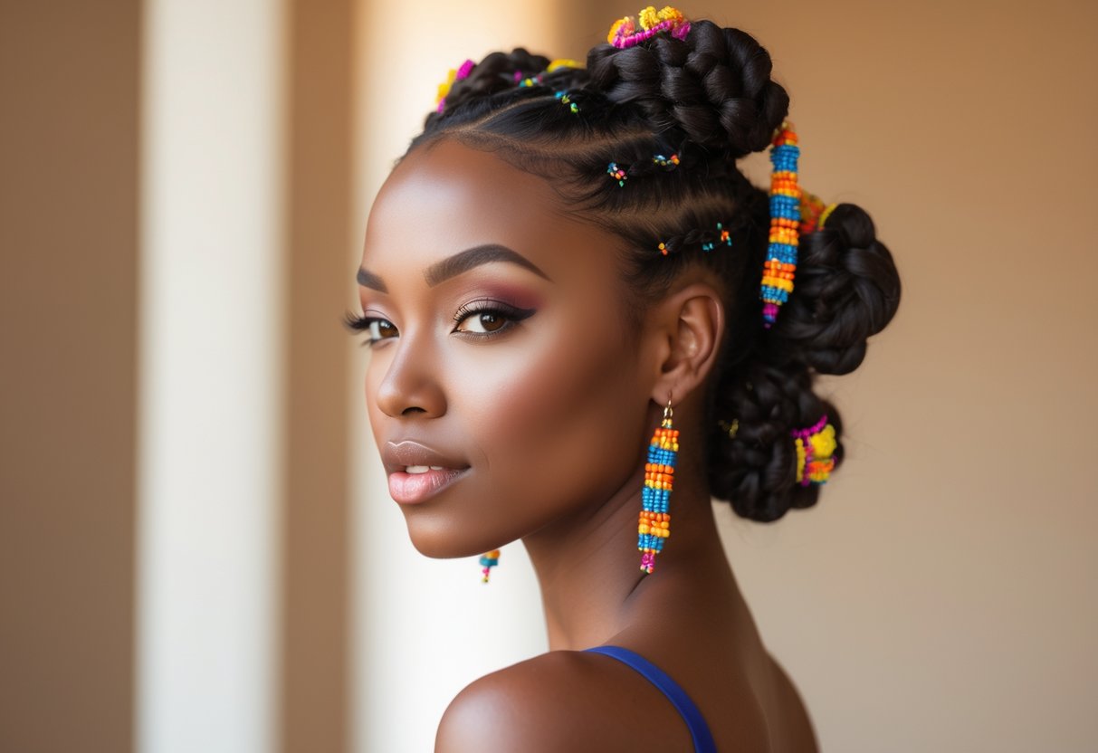 A woman with half-up Bantu knots decorated with colorful beads, looking slightly to the side against a blurred background.