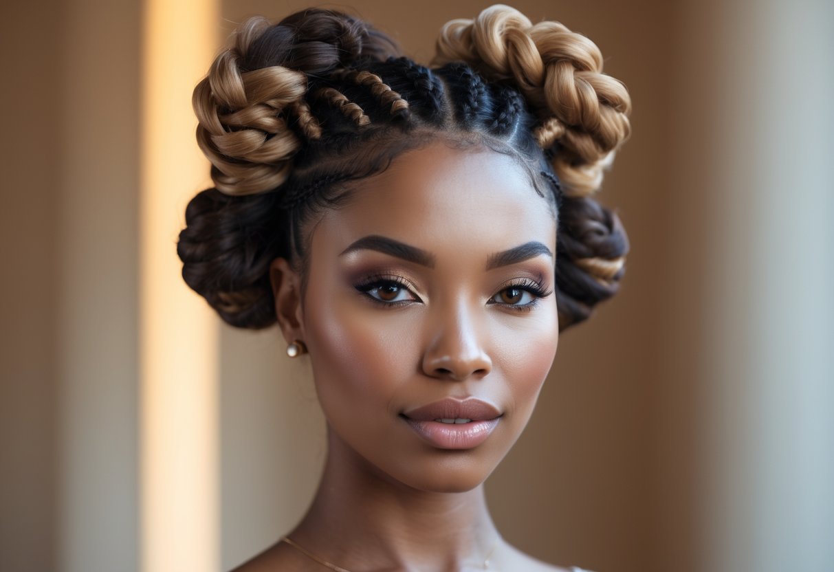 Close-up of a woman with Bantu knots styled in a half-up hairstyle, showing a gradual color change in the hair.