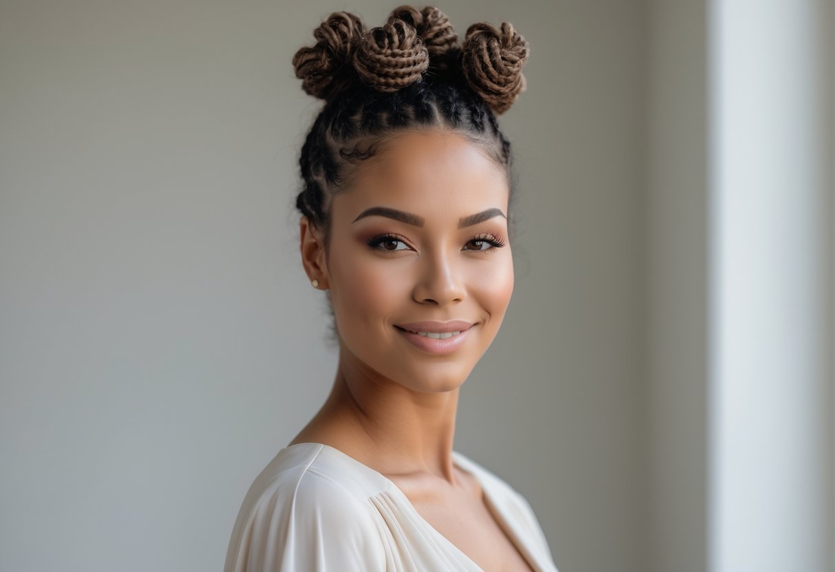 A woman smiling with small bantu knots styled on the top half of her head and natural hair left loose around her shoulders.