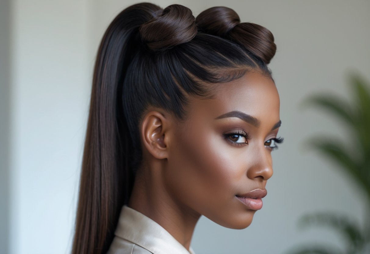 A woman with neat half-up Bantu knots hairstyle, with the rest of her hair down, looking confidently at the camera.