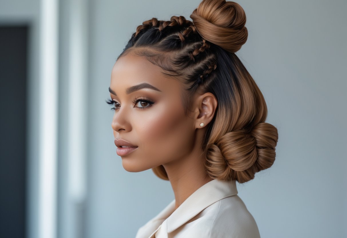 A woman with half-up Bantu knots and brown balayage hair looking slightly to the side against a plain background.
