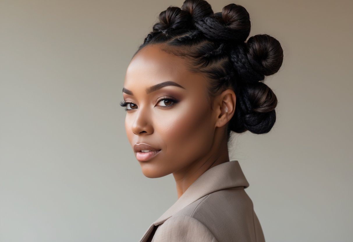 Portrait of a woman with half-up Bantu knots hairstyle and a side part, looking confidently at the camera.