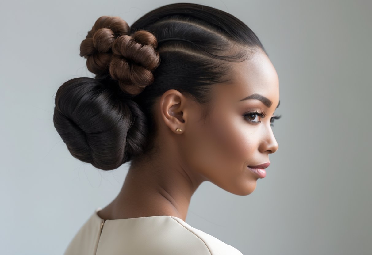 A woman with half of her hair styled in small knots on top and the rest left down with feathered ends, looking slightly to the side.