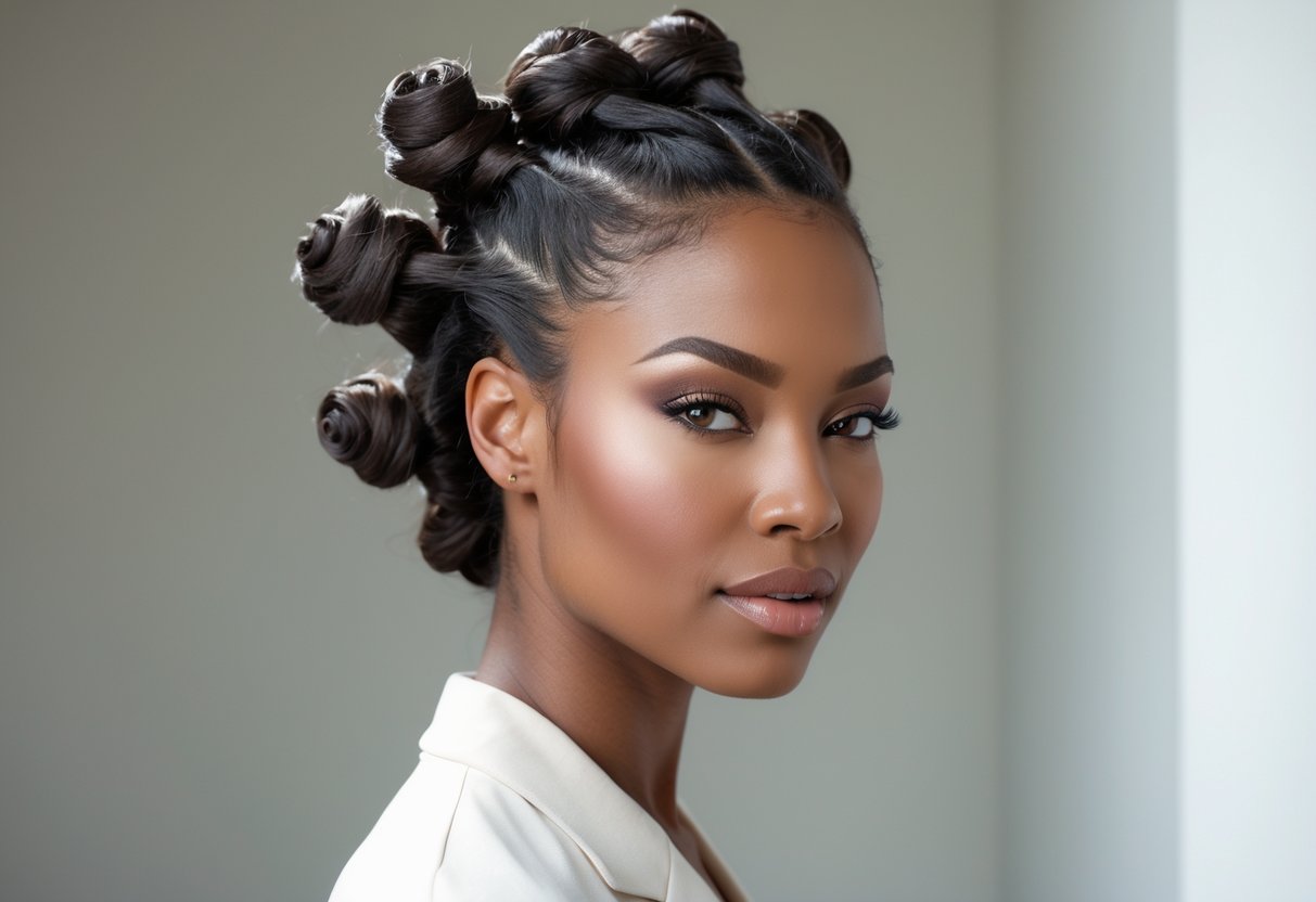 A woman with neatly styled half-up Bantu knots hairstyle, looking confidently at the camera against a plain background.