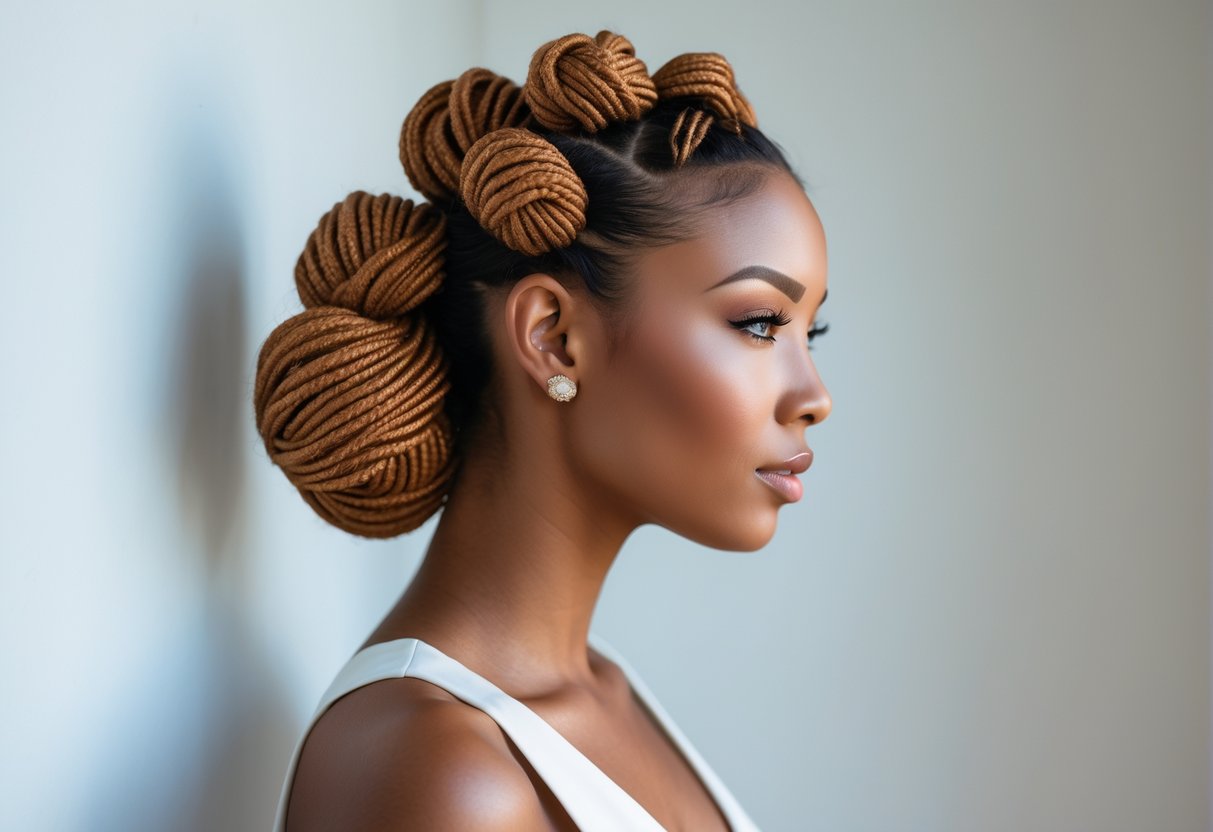 A woman with medium length hair styled in a half-up hairstyle featuring multiple small knots on top of her head.