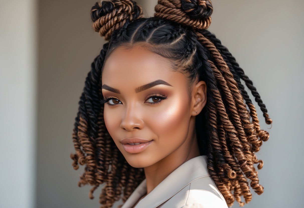 A woman with half-up Bantu knots and chunky twists hairstyle, smiling against a neutral background.