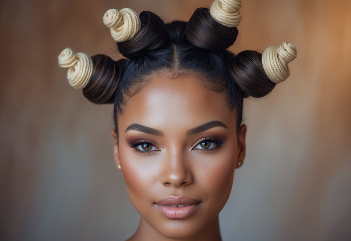 A woman with multiple Bantu knots styled half-up, with blonde tips on the knots and loose hair below, looking confidently at the camera.