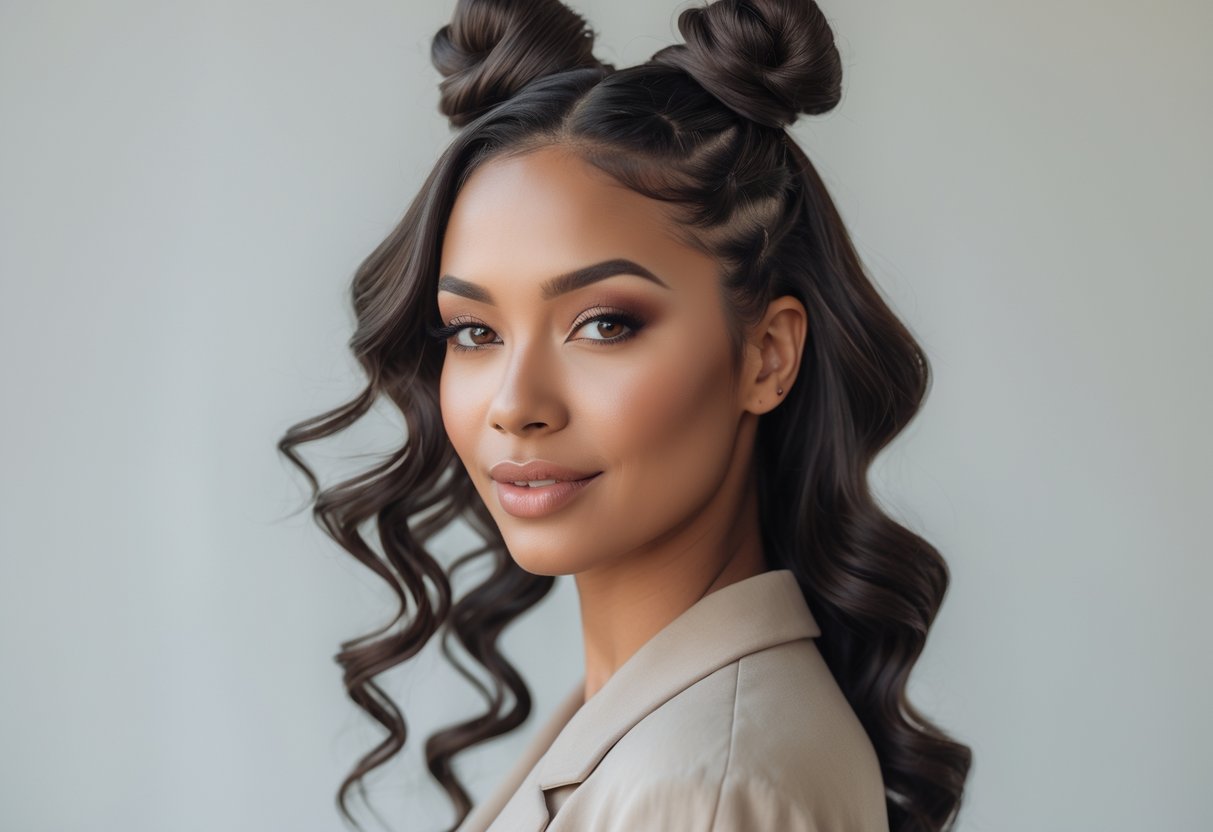 A young woman with half-up Bantu knots and soft waves smiling gently against a plain background.