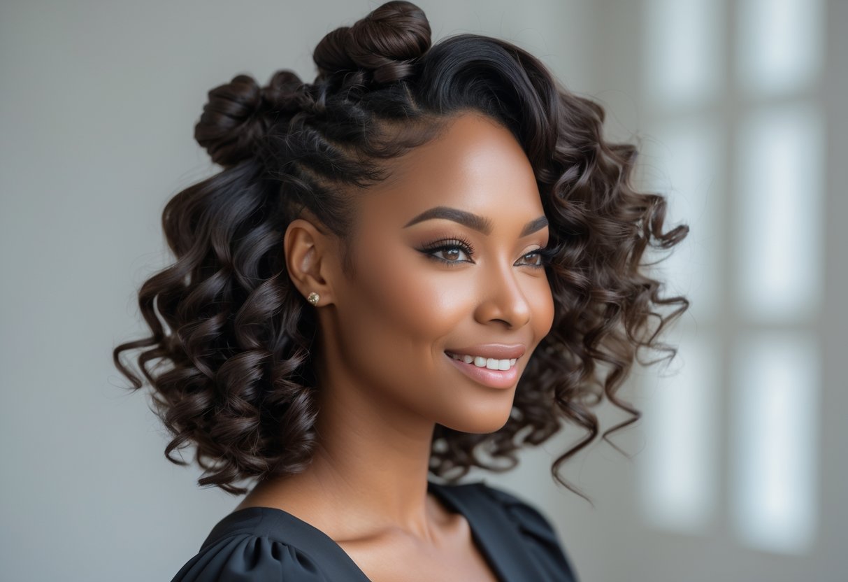 A woman with half-up Bantu knots and curly bangs smiling gently against a plain background.