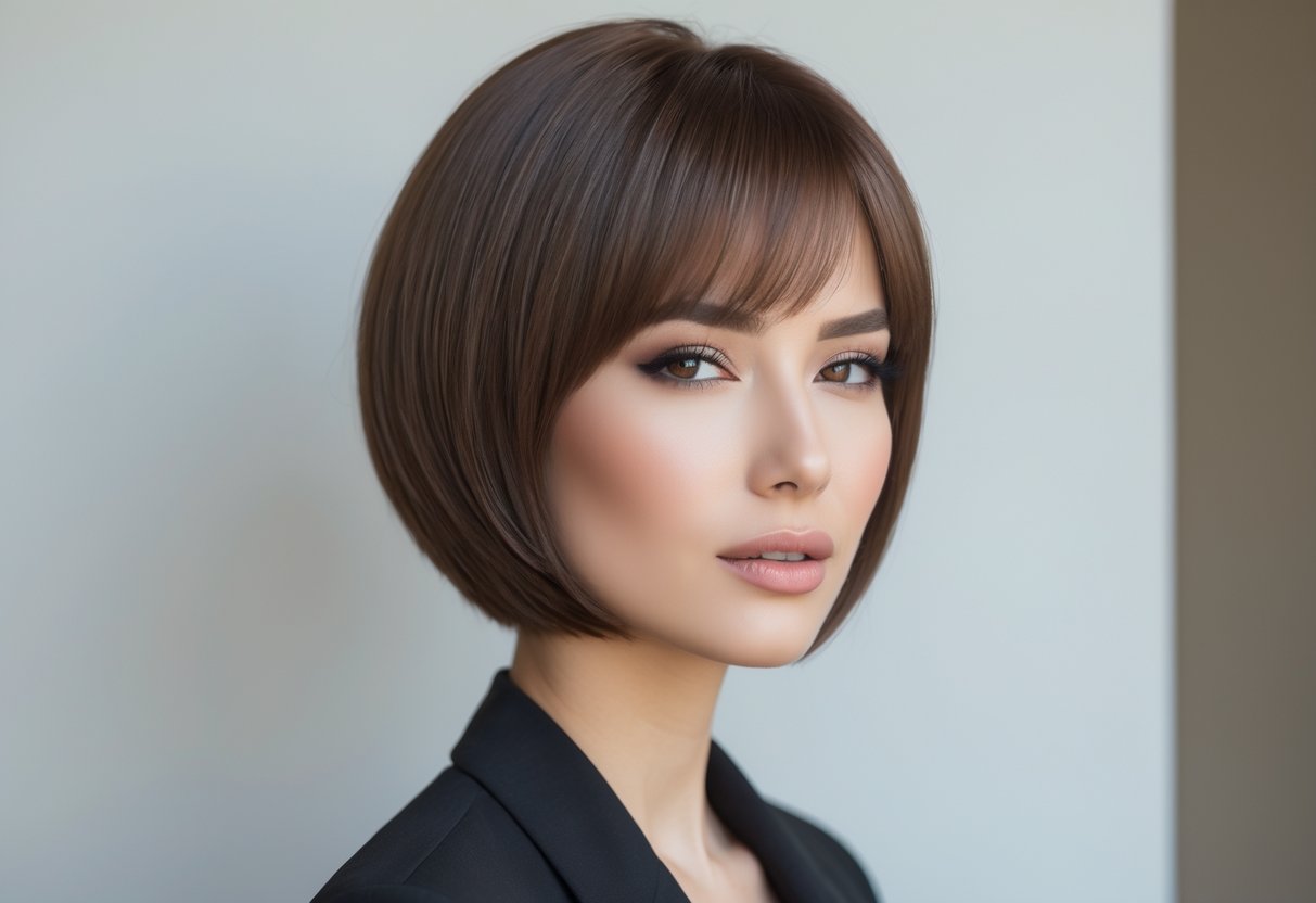 A young woman with a short bob haircut and side-swept bangs smiling against a plain background.