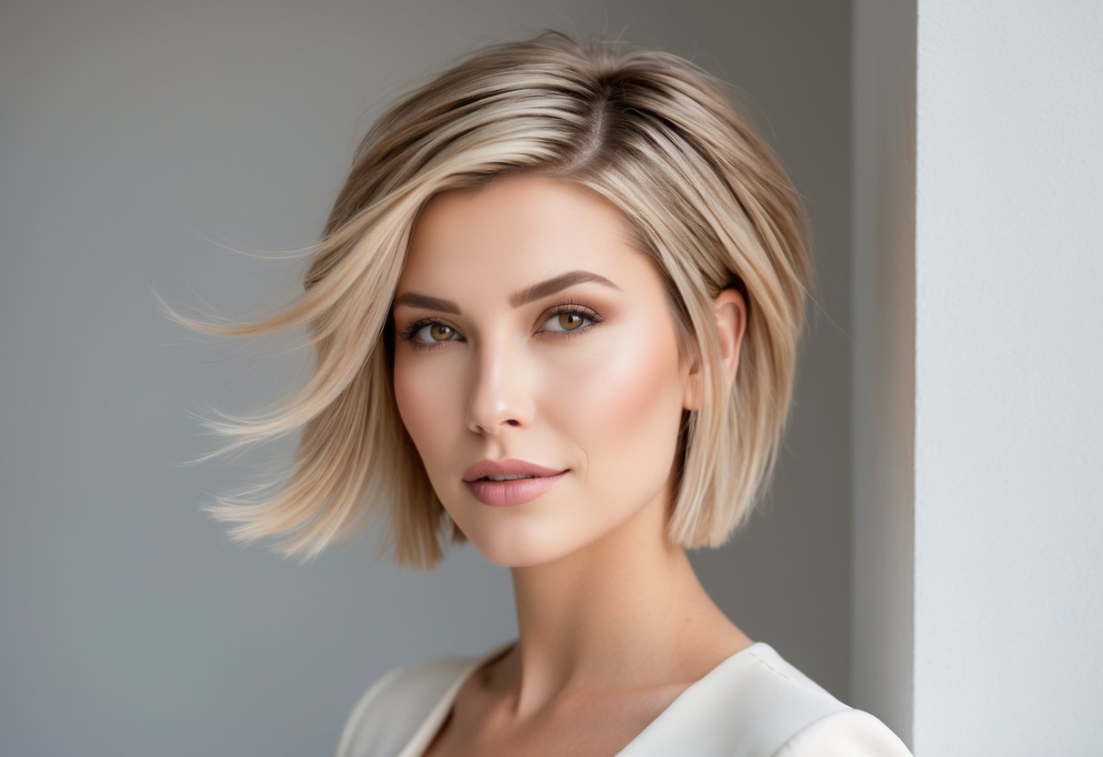 A woman with a short textured haircut posing against a plain background.