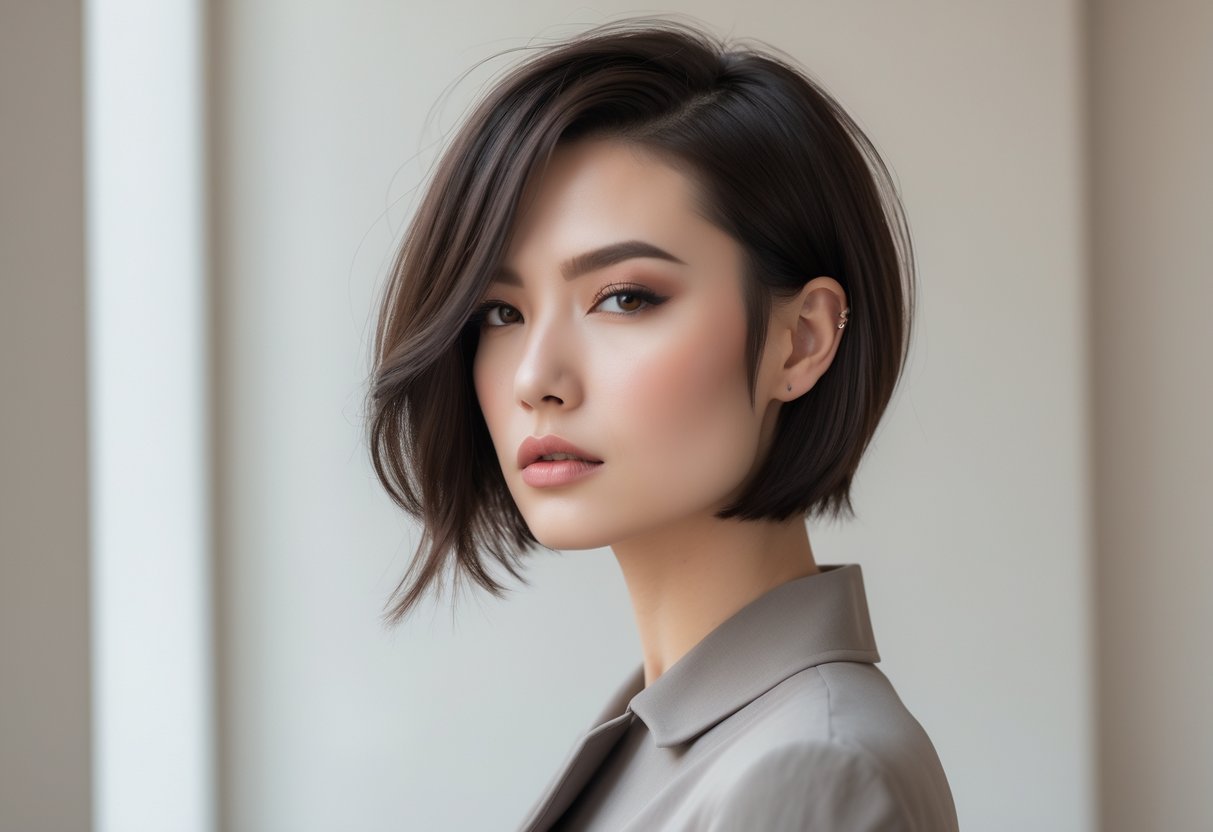 A young woman with short asymmetrical hair posing against a plain background.
